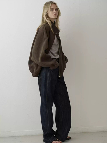 Дамско ретро вълнено твидено яке със стойка яка, цип, свободна кройка, къс модел, есен 2025