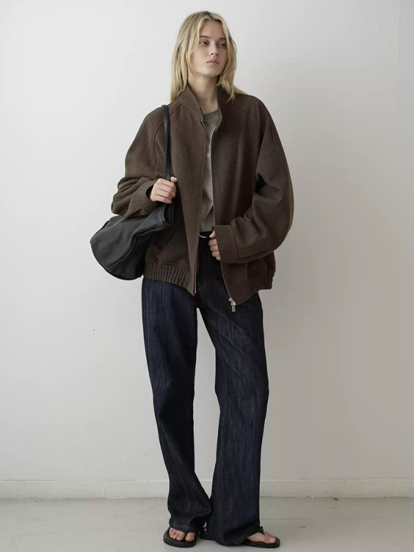 Дамско ретро вълнено твидено яке със стойка яка, цип, свободна кройка, къс модел, есен 2025