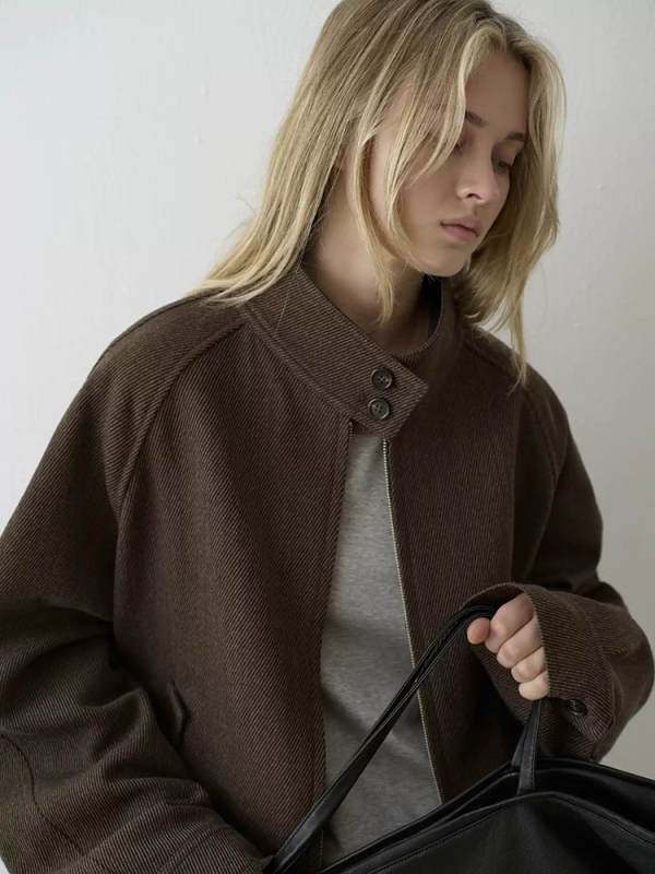 Дамско ретро вълнено твидено яке със стойка яка, цип, свободна кройка, къс модел, есен 2025