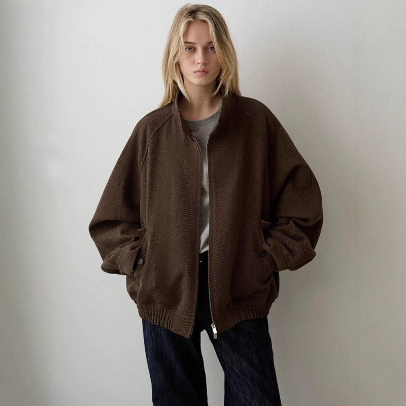 Дамско ретро вълнено твидено яке със стойка яка, цип, свободна кройка, къс модел, есен 2025