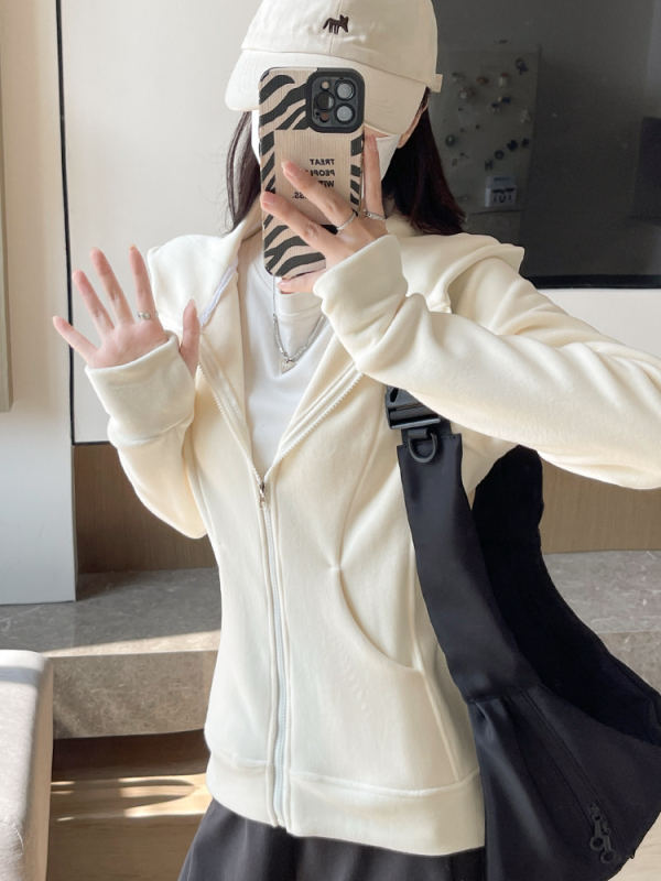 Női fleeceszővel bélelt kapucnis kardigán, pamut-poliészter anyag, cipzáras lezárás, karcsú szabás, ingázó stílus