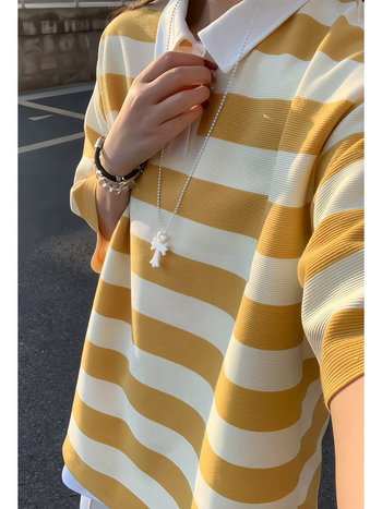 Поло риза за тийнейджъри с райета, къс ръкав, яка поло, свободна кройка, полиестер