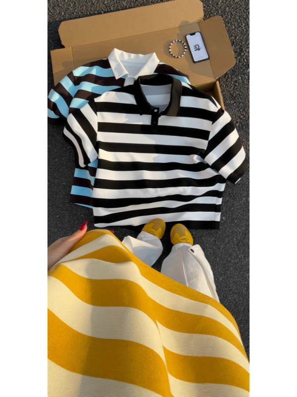 Поло риза за тийнейджъри с райета, къс ръкав, яка поло, свободна кройка, полиестер