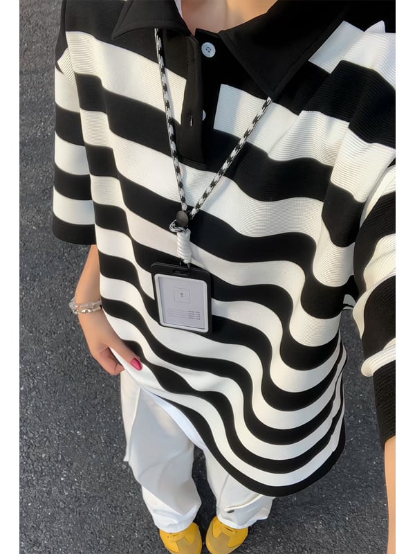 Поло риза за тийнейджъри с райета, къс ръкав, яка поло, свободна кройка, полиестер