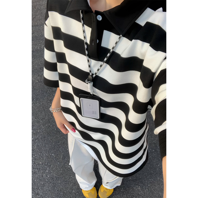 Поло риза за тийнейджъри с райета, къс ръкав, яка поло, свободна кройка, полиестер