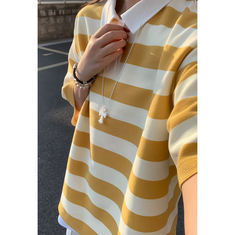 Поло риза за тийнейджъри с райета, къс ръкав, яка поло, свободна кройка, полиестер