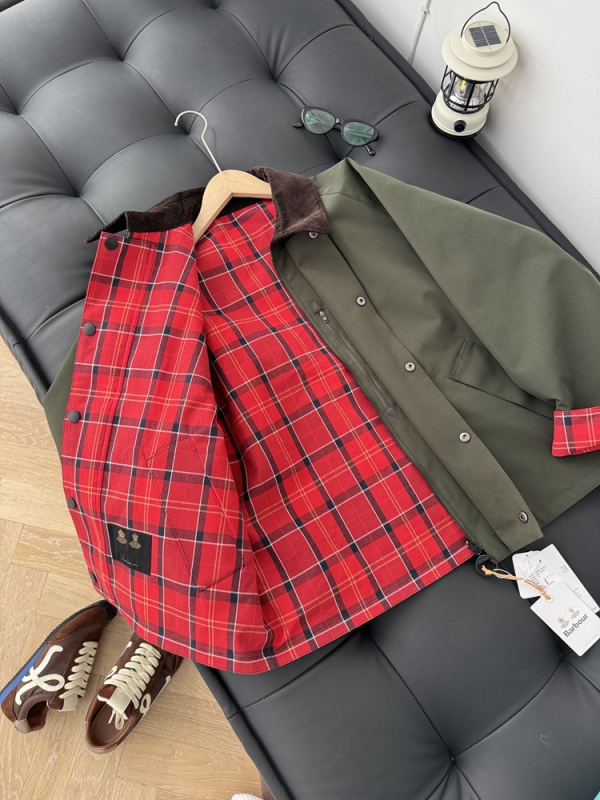 Obojstranná károvaná bavlnená bunda so zipsom, voľný strih