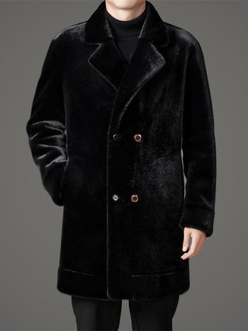 Άνδρας παλτό από τεχνητή γούνα, ανάστροφο, διπλό κουμπί, γιακά σε στιλ σακακι, μεσαίου μήκους, άνετη γραμμή, τσέπες με πατς, χειμώνας 2025