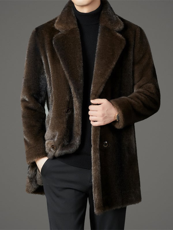 Άνδρας παλτό από τεχνητή γούνα, ανάστροφο, διπλό κουμπί, γιακά σε στιλ σακακι, μεσαίου μήκους, άνετη γραμμή, τσέπες με πατς, χειμώνας 2025