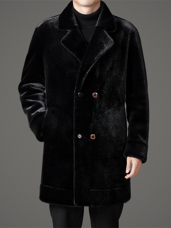 Άνδρας παλτό από τεχνητή γούνα, ανάστροφο, διπλό κουμπί, γιακά σε στιλ σακακι, μεσαίου μήκους, άνετη γραμμή, τσέπες με πατς, χειμώνας 2025