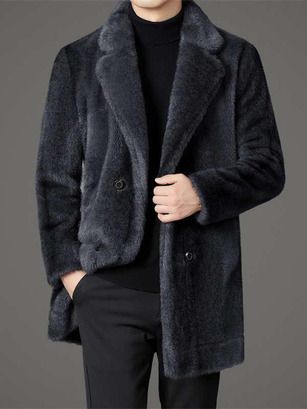 Άνδρας παλτό από τεχνητή γούνα, ανάστροφο, διπλό κουμπί, γιακά σε στιλ σακακι, μεσαίου μήκους, άνετη γραμμή, τσέπες με πατς, χειμώνας 2025