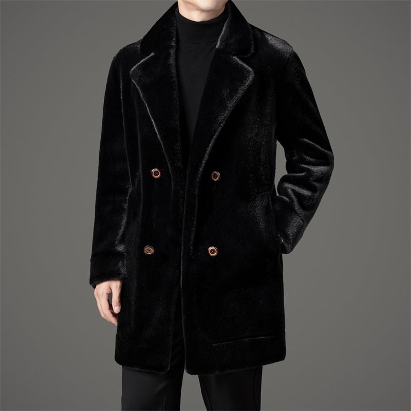 Άνδρας παλτό από τεχνητή γούνα, ανάστροφο, διπλό κουμπί, γιακά σε στιλ σακακι, μεσαίου μήκους, άνετη γραμμή, τσέπες με πατς, χειμώνας 2025