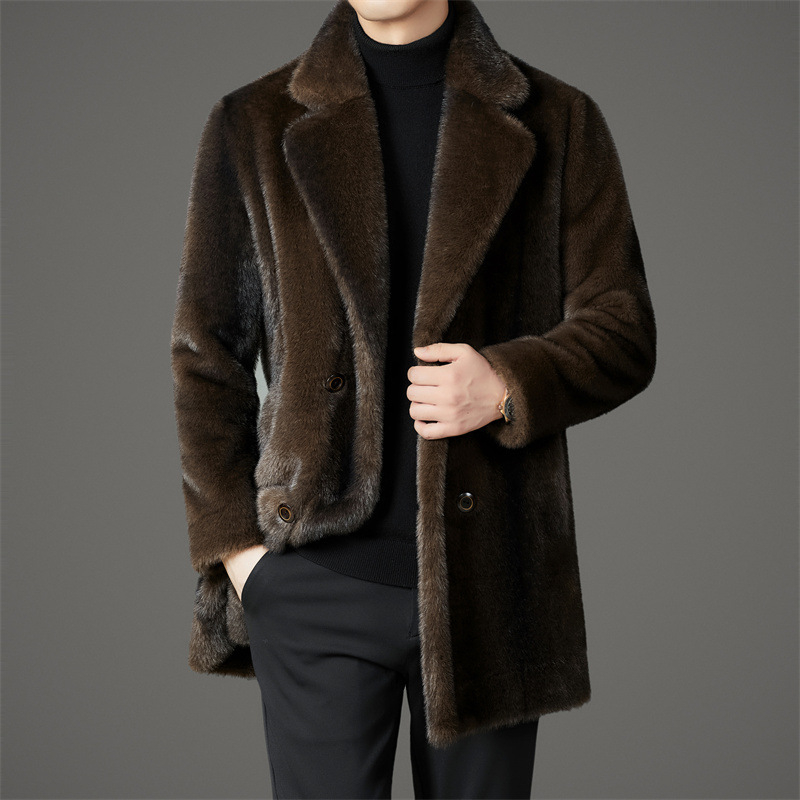 Άνδρας παλτό από τεχνητή γούνα, ανάστροφο, διπλό κουμπί, γιακά σε στιλ σακακι, μεσαίου μήκους, άνετη γραμμή, τσέπες με πατς, χειμώνας 2025