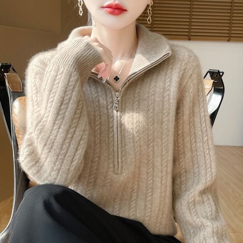Cardigan s reverom i zatvaračem, ice silk pleteni materijal, široki kroj