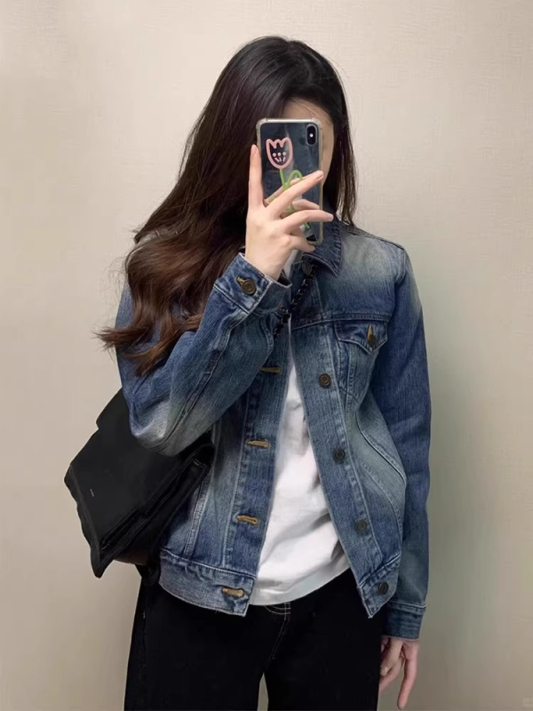 Dámska džínová bunda s vintage distresom, polo golier, bez rukávov, voľný strih, dĺžka 50-65 cm