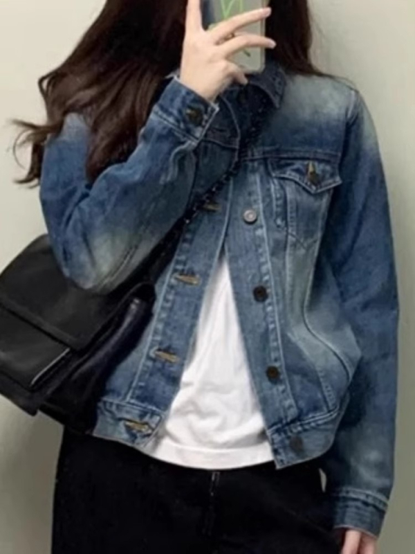 Dámska džínová bunda s vintage distresom, polo golier, bez rukávov, voľný strih, dĺžka 50-65 cm