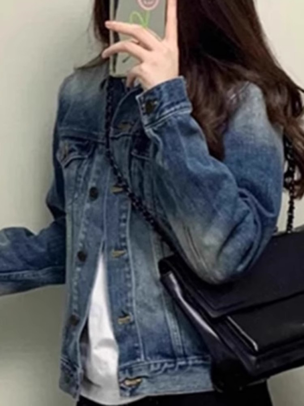 Dámska džínová bunda s vintage distresom, polo golier, bez rukávov, voľný strih, dĺžka 50-65 cm