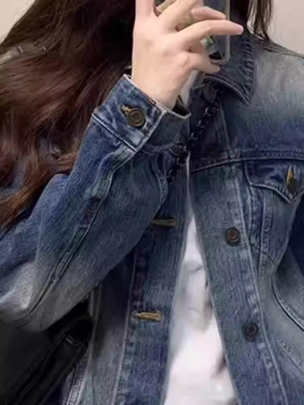 Dámska džínová bunda s vintage distresom, polo golier, bez rukávov, voľný strih, dĺžka 50-65 cm