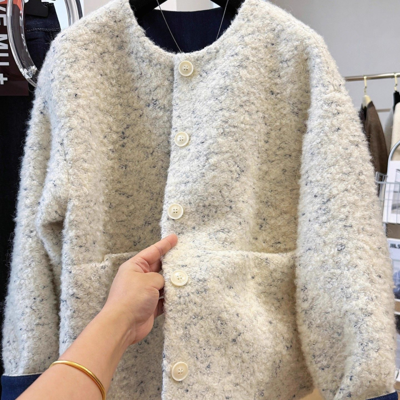 Ženská polyesterová bunda s guľatým výstrihom, karikatúrny vzor, dlhé rukávy a zapínanie na pracky