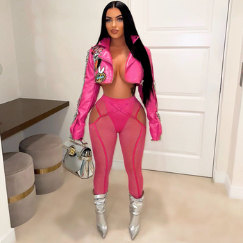 PU kožená biker bunda pre ženy s V-krkom, dlhé rukávy, jesenné vydanie 2024