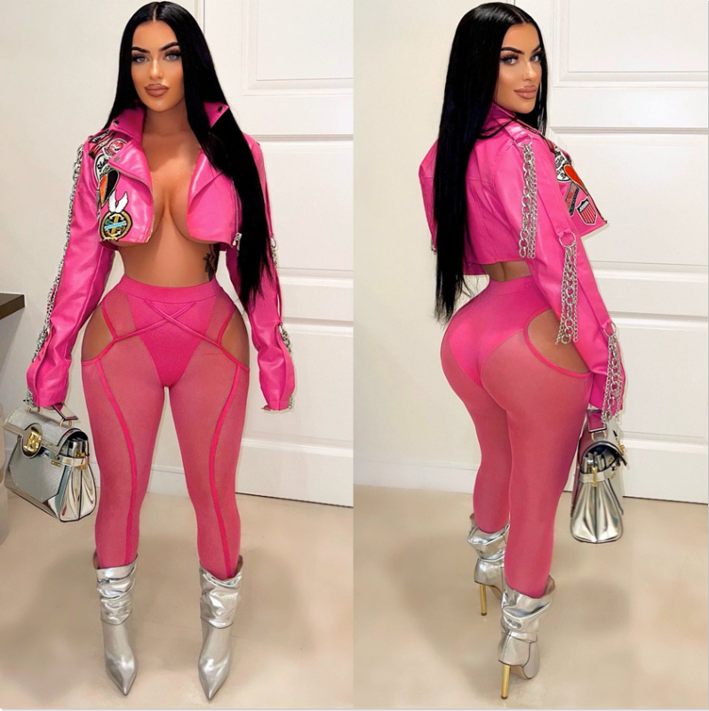 PU kožená biker bunda pre ženy s V-krkom, dlhé rukávy, jesenné vydanie 2024