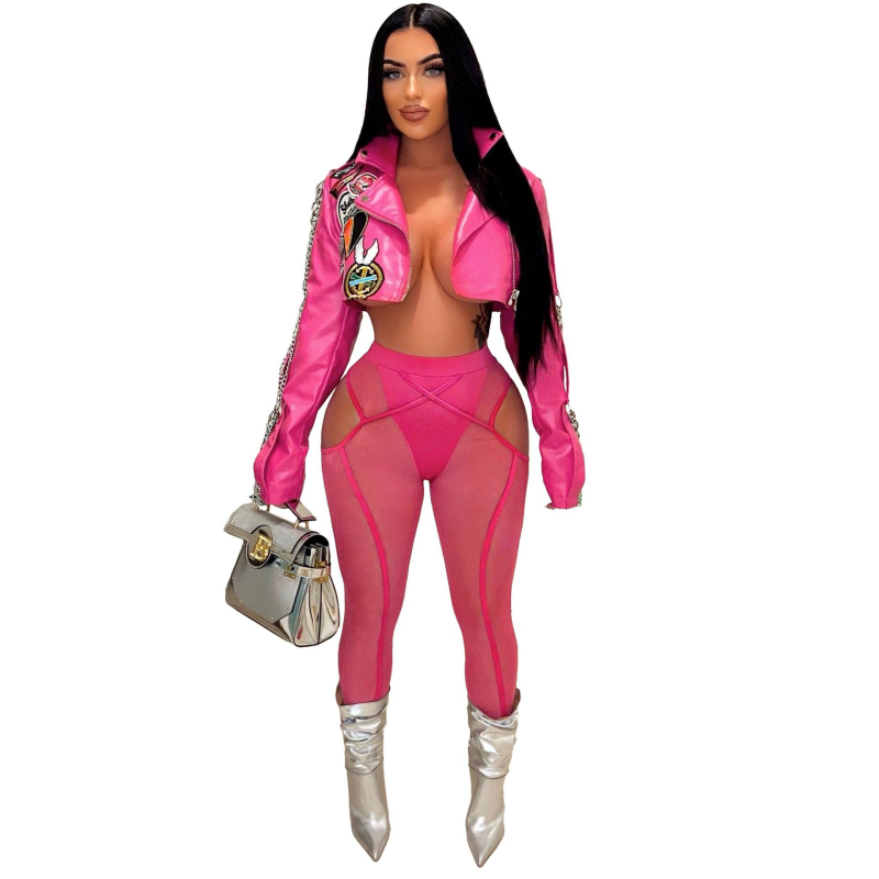 PU kožená biker bunda pre ženy s V-krkom, dlhé rukávy, jesenné vydanie 2024