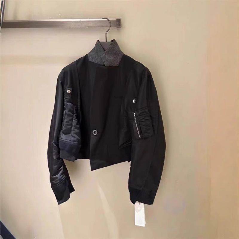 Dámske krátke sako s farebným blokovaním a panelmi, bavlna, golier s reverom, dlhé rukávy, jeseň 2024