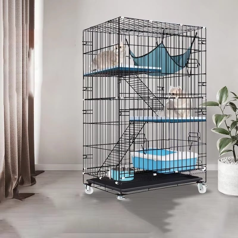 Κλουβί γάτας από ανοξείδωτο ατσάλι, αναδιπλούμενο με πολλά επίπεδα για εσωτερική χρήση χωρίς εγκατάσταση