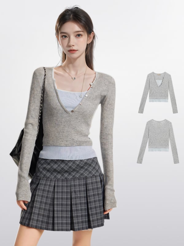V-izrez, dugi rukavi, pleteni džemper s color-block uzorkom, mješavina poliestera i akrila, slim-fit