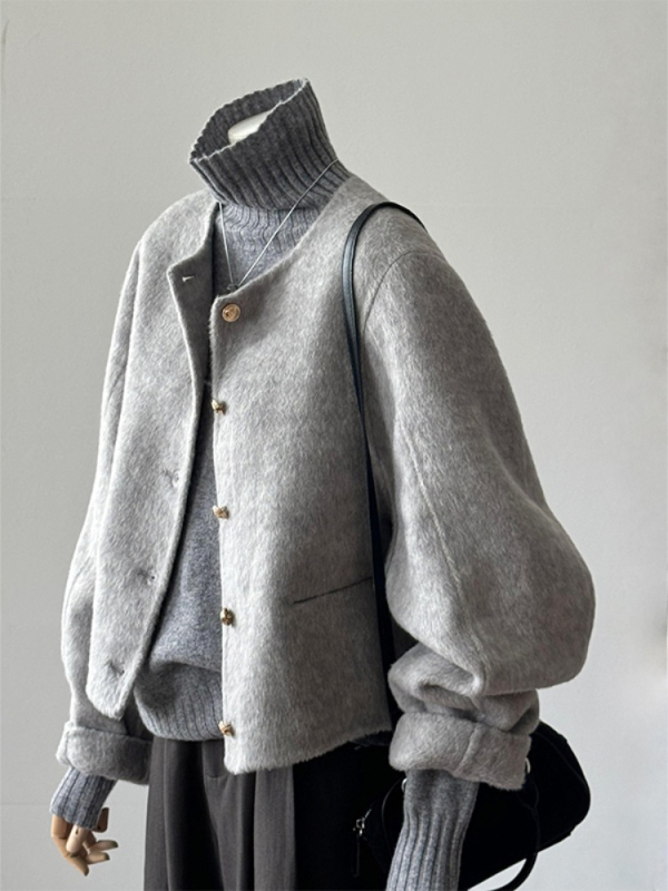 Ženski kratki vuneni kaput, uski kroj, zatvarač, ovratnik hribastog tipa, pleteni vuneni materijal, zima 2024, koreanski retro stil