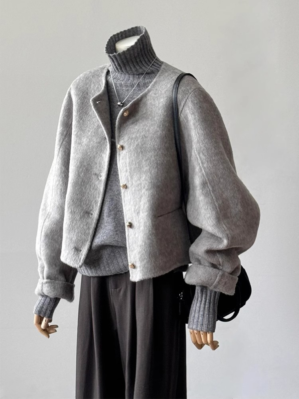 Ženski kratki vuneni kaput, uski kroj, zatvarač, ovratnik hribastog tipa, pleteni vuneni materijal, zima 2024, koreanski retro stil