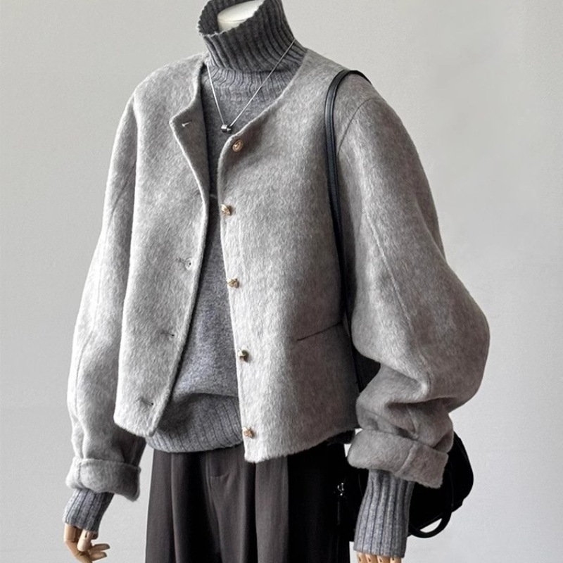 Ženski kratki vuneni kaput, uski kroj, zatvarač, ovratnik hribastog tipa, pleteni vuneni materijal, zima 2024, koreanski retro stil