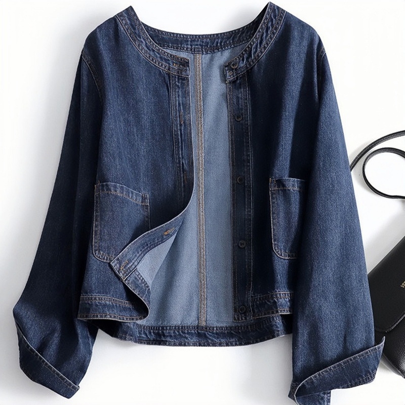 Denim kardigan jakna, dugi rukavi, okrugli ovratnik, pamuk 95%+, gradski stil, proljeće 2024