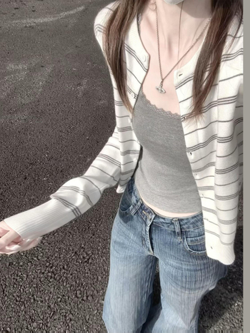 Cardigan tricotat cu dungi pentru femei, amestec viscoză-poliester, guler rotund, mâneci lungi, lungime normală, toamnă 2025