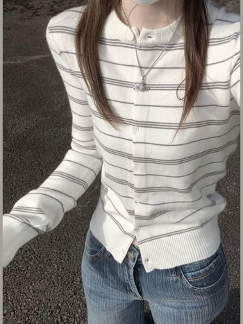 Cardigan tricotat cu dungi pentru femei, amestec viscoză-poliester, guler rotund, mâneci lungi, lungime normală, toamnă 2025