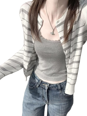 Cardigan tricotat cu dungi pentru femei, amestec viscoză-poliester, guler rotund, mâneci lungi, lungime normală, toamnă 2025