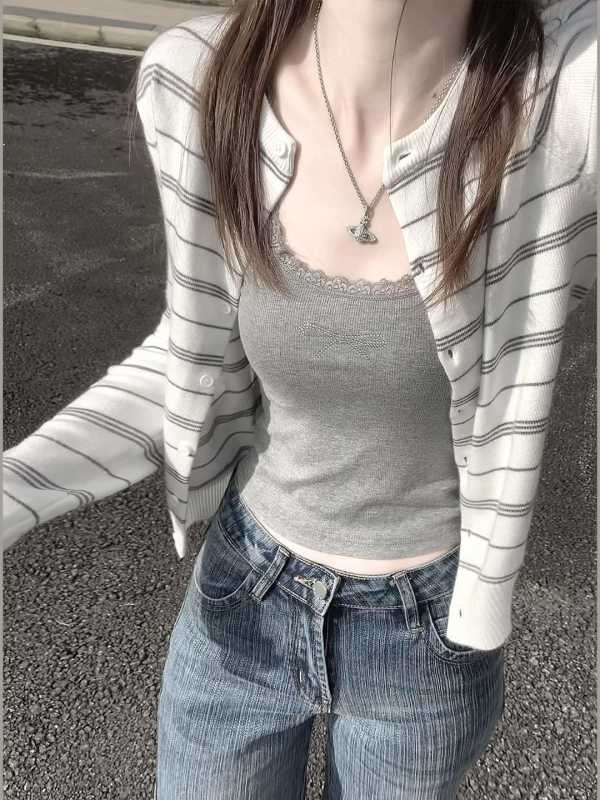 Cardigan tricotat cu dungi pentru femei, amestec viscoză-poliester, guler rotund, mâneci lungi, lungime normală, toamnă 2025