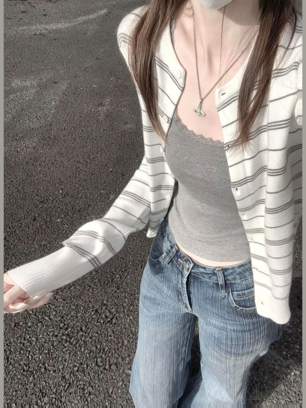 Cardigan tricotat cu dungi pentru femei, amestec viscoză-poliester, guler rotund, mâneci lungi, lungime normală, toamnă 2025