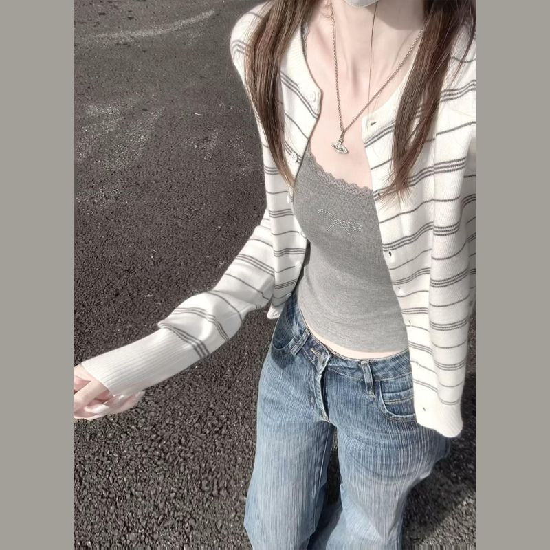 Cardigan tricotat cu dungi pentru femei, amestec viscoză-poliester, guler rotund, mâneci lungi, lungime normală, toamnă 2025