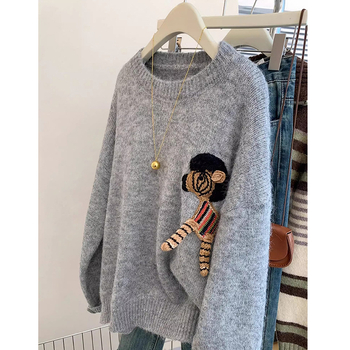 Pulover tricotat cu glugă pentru femei, model 3D, grosime medie, guler rotund, mâneci lungi, iarna 2025