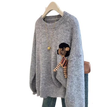 Pulover tricotat cu glugă pentru femei, model 3D, grosime medie, guler rotund, mâneci lungi, iarna 2025