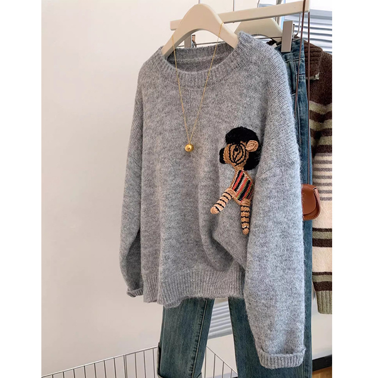 Pulover tricotat cu glugă pentru femei, model 3D, grosime medie, guler rotund, mâneci lungi, iarna 2025