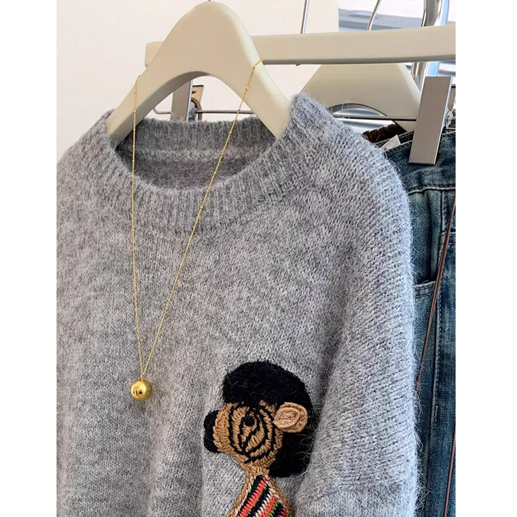 Pulover tricotat cu glugă pentru femei, model 3D, grosime medie, guler rotund, mâneci lungi, iarna 2025