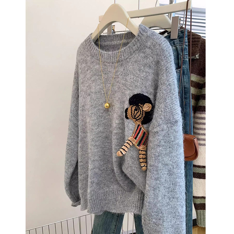 Pulover tricotat cu glugă pentru femei, model 3D, grosime medie, guler rotund, mâneci lungi, iarna 2025