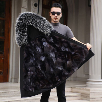 Pardă bărbătească din blană naturală, cu căptușeală din blană de vulpe, cu glugă, lungime medie, croială lejeră