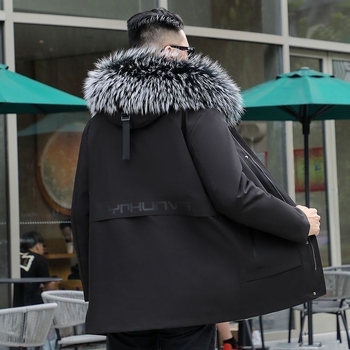 Pardă bărbătească din blană naturală, cu căptușeală din blană de vulpe, cu glugă, lungime medie, croială lejeră