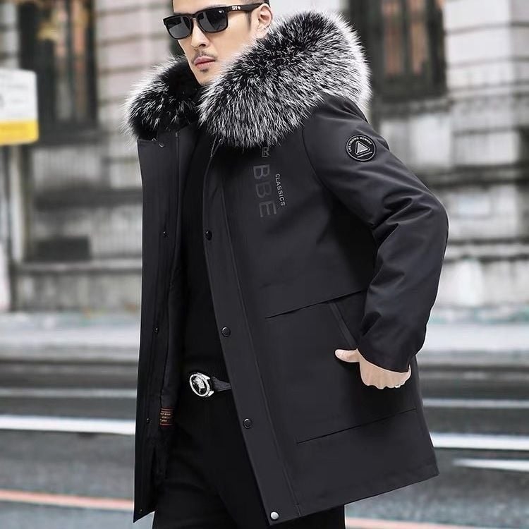 Pardă bărbătească din blană naturală, cu căptușeală din blană de vulpe, cu glugă, lungime medie, croială lejeră