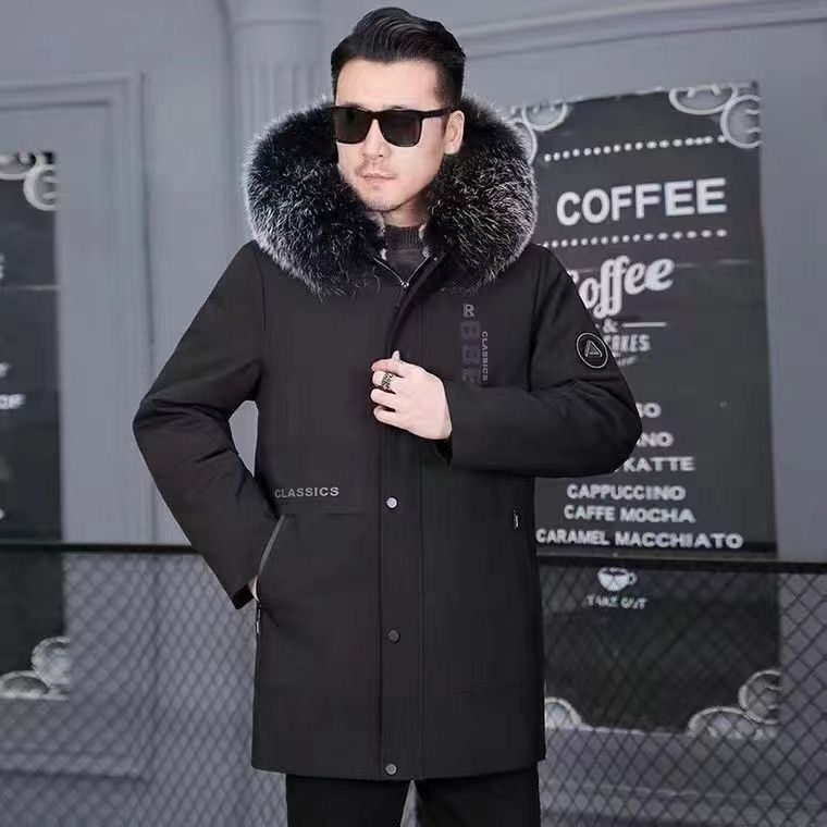 Pardă bărbătească din blană naturală, cu căptușeală din blană de vulpe, cu glugă, lungime medie, croială lejeră