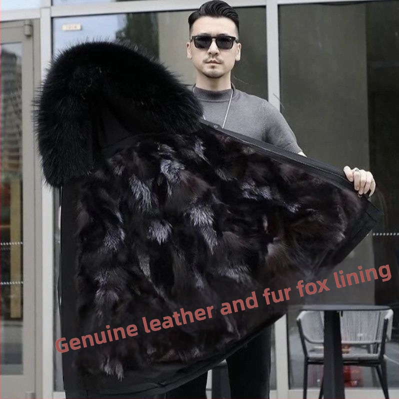 Pardă bărbătească din blană naturală, cu căptușeală din blană de vulpe, cu glugă, lungime medie, croială lejeră