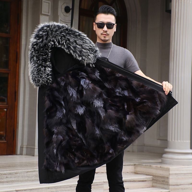 Pardă bărbătească din blană naturală, cu căptușeală din blană de vulpe, cu glugă, lungime medie, croială lejeră